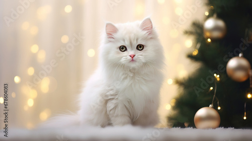 Cute fluffy white kitten sitting and looks at the camera. Christmas tree, golden Christmas balls and blurred Christmas lights on background. © olyapon
