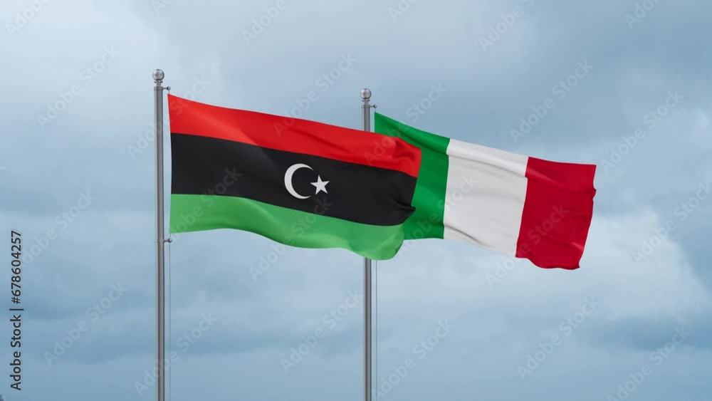 Italy and Libya flag waving together on cloudy sky, endless seamless loop, two country cooperation concept Italy and Libya flag waving together on cloudy sky, endless seamless loop, two country cooperation concept