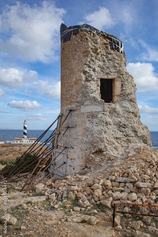 Mallorca, Spain - Oct 22, 2023: Tor de Cala Figuera and Lighthouse on the island of Mallorca Mallorca, Spain - Oct 22, 2023: Tor de Cala Figuera and Lighthouse on the island of Mallorca