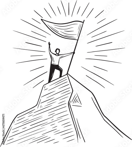 man standing on mountain with victory flag hand drawn vector illustration