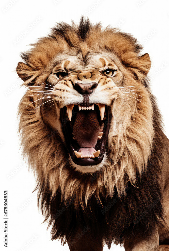 Lion with a full mouth yawns and growls isolated on a white background Lion with a full mouth yawns and growls isolated on a white background