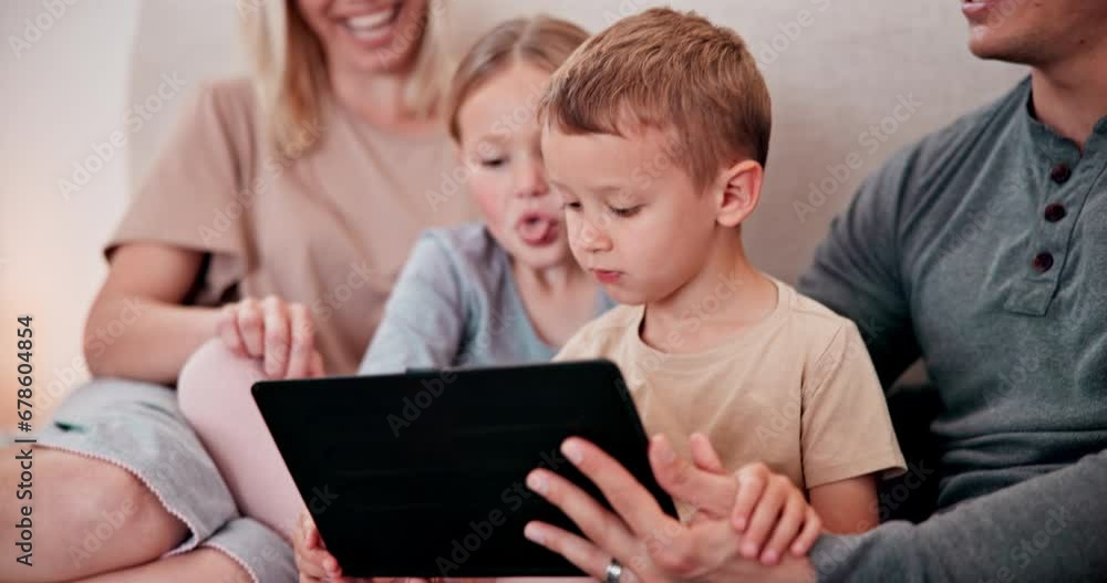 Parents, children and selfie on tablet, funny and playing in bed, silly face and smile. Happy, enjoying and online for childhood, digital and internet in family home, games and bonding together Parents, children and selfie on tablet, funny and playing in bed, silly face and smile. Happy, enjoying and online for childhood, digital and internet in family home, games and bonding together