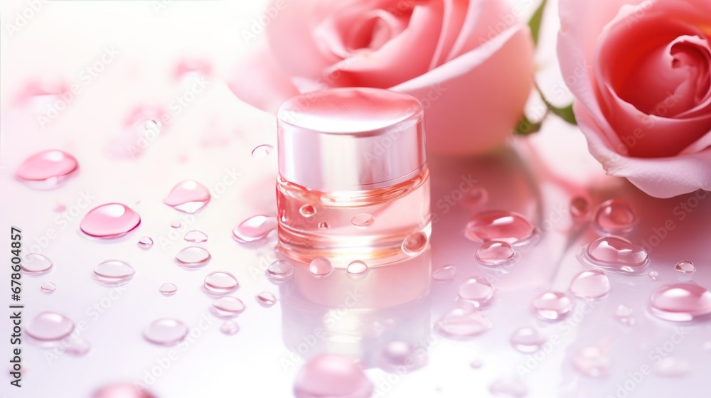 Perfume bottles with various flower scents such as roses, peonies, and other light-scented flowers. Background on cosmetics, fashion and luxury beauty products.