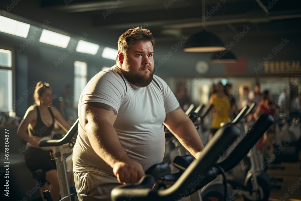 Overweight man cycles diligently in the gym. A testament to determination and a healthy lifestyle.  'generative AI'