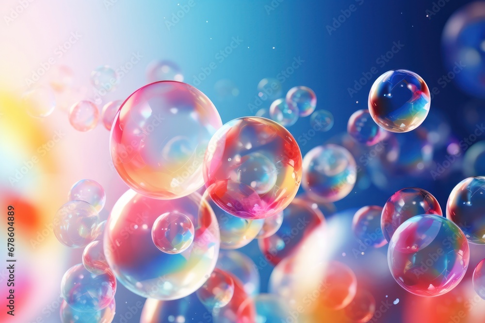 Transparent vector soap bubbles flying on abstract background. Brightly colored or round glass beads