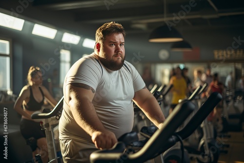 Overweight man cycles diligently in the gym. A testament to determination and a healthy lifestyle.  'generative AI' © ballabeyla