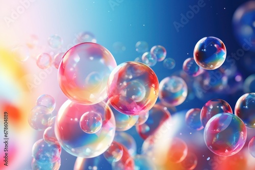 Transparent vector soap bubbles flying on abstract background. Brightly colored or round glass beads photo