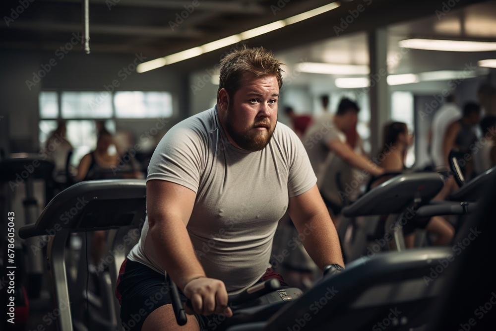 Overweight man cycles diligently in the gym. A testament to determination and a healthy lifestyle. 'generative AI' Overweight man cycles diligently in the gym. A testament to determination and a healthy lifestyle. 'generative AI'