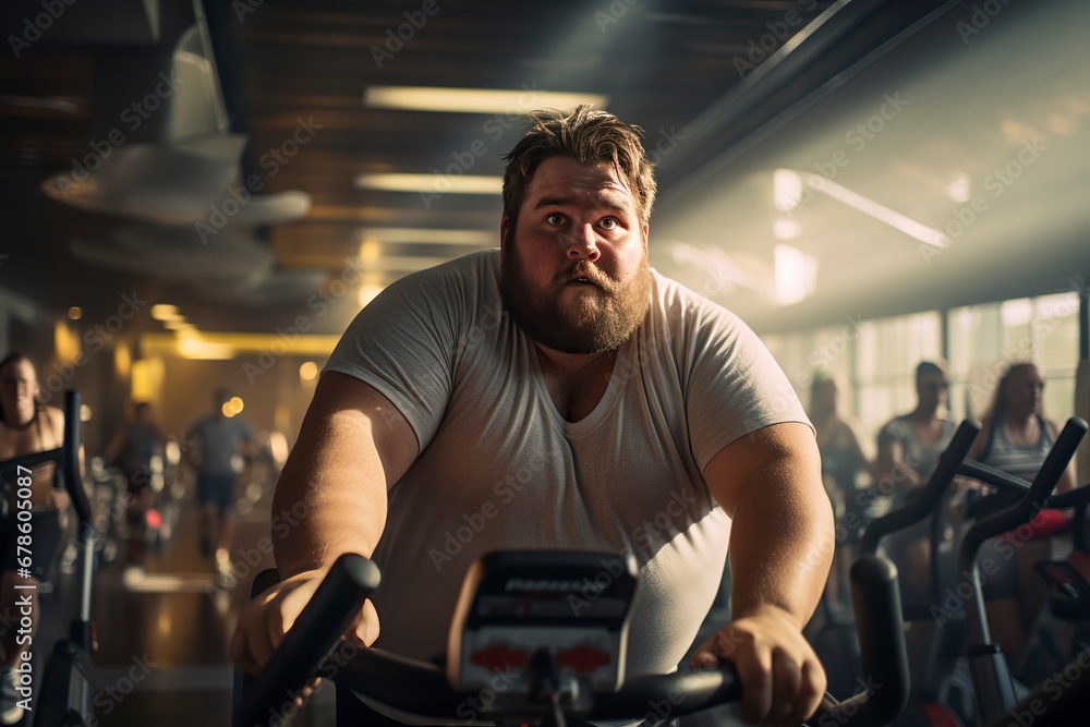 Overweight man cycles diligently in the gym. A testament to determination and a healthy lifestyle. 'generative AI' Overweight man cycles diligently in the gym. A testament to determination and a healthy lifestyle. 'generative AI'
