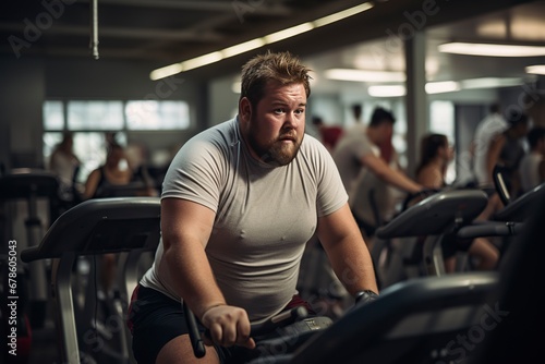 Overweight man cycles diligently in the gym. A testament to determination and a healthy lifestyle. 'generative AI'