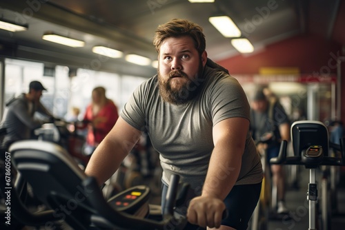 Overweight man cycles diligently in the gym. A testament to determination and a healthy lifestyle.   generative AI 