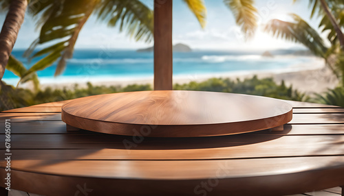 A round, empty wooden platform on top of a table with a backdrop of a tropical beach  © Simo