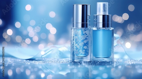Background with water drops, cosmetics, collagen and serum essence.