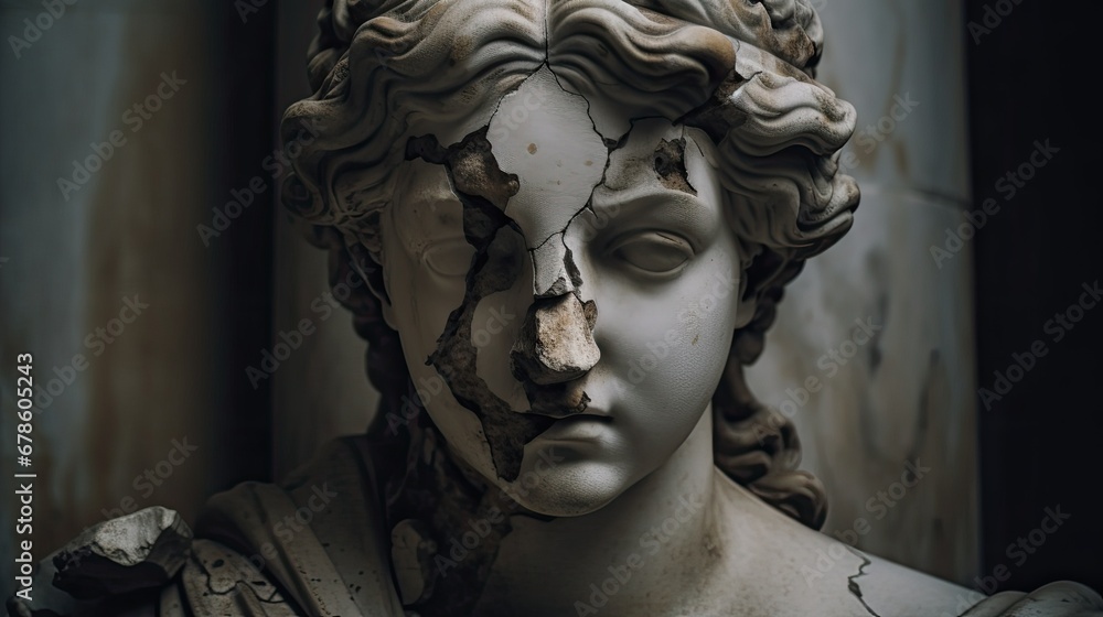 closeup portrait of antique damaged stone bust statue depicting a woman head with large pieces missing from the face area and large cracks in the marble. closeup portrait of antique damaged stone bust statue depicting a woman head with large pieces missing from the face area and large cracks in the marble.