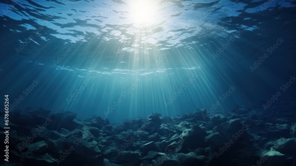 blue gentle waves The ocean surface is visible from underwater rays of sunlight penetrating through it. blue gentle waves The ocean surface is visible from underwater rays of sunlight penetrating through it.