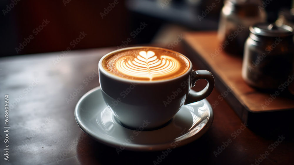 a Coffee, Caramel latte in a mug with milk foam latte art on top. a Coffee, Caramel latte in a mug with milk foam latte art on top.