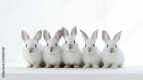 Cute bunnies rabbit lined up and next to each other on a minimalist pastel background created with Generative AI Technology