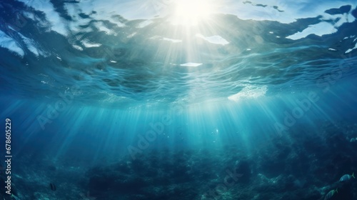 blue gentle waves The ocean surface is visible from underwater rays of sunlight penetrating through it. © venusvi