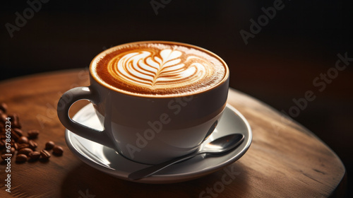 a Coffee, Caramel latte in a mug with milk foam latte art on top. photo