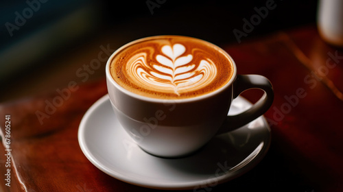 a Coffee, Caramel latte in a mug with milk foam latte art on top.