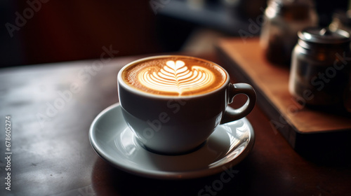 a Coffee, Caramel latte in a mug with milk foam latte art on top.