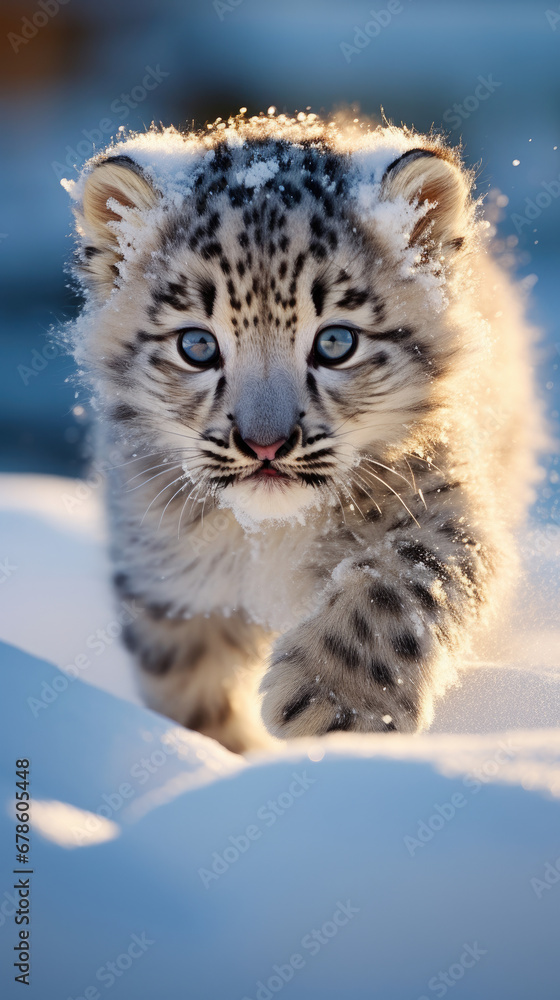 Snow leopard cubs crawl across the snow and play Snow leopard cubs crawl across the snow and play