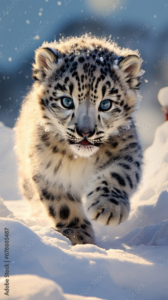 Obraz premium Snow leopard cubs crawl across the snow and play