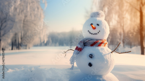A happy snowman welcomes winter in a quiet snowy landscape on a sunny day. © Wararat