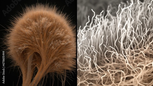 Computer illustration showing human hair with dandruff and close-up view of microscopic fungi Malassezia furfur associated with seborrhoeic dermatitis and dandruff formation. photo