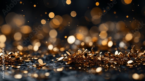 Golden confetti on a black backdrop  modern concept. AI generate illustration