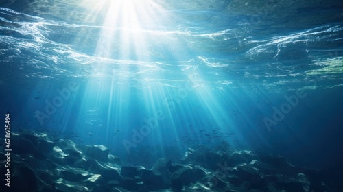 blue gentle waves The ocean surface is visible from underwater rays of sunlight penetrating through it. © venusvi