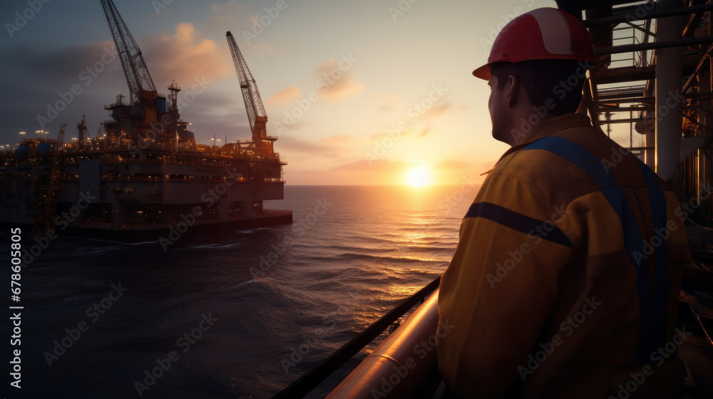 a technician with preventive measures carries out restoration tasks on an oil platform in the ocean.