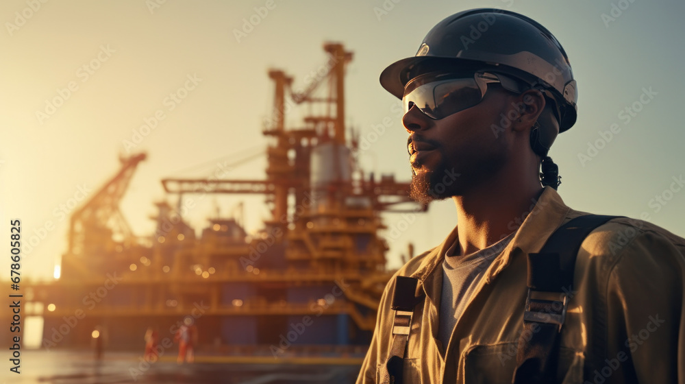 a technician with preventive measures carries out restoration tasks on an oil platform in the ocean. - obrazy, fototapety, plakaty 