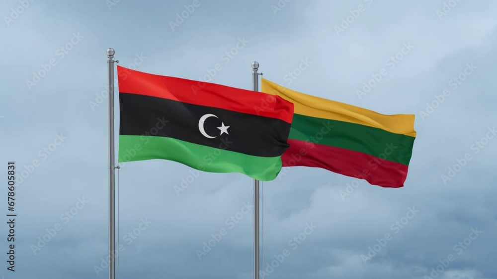 Lithuania flag and Libya flag waving together on cloudy sky, endless seamless loop, two country relations concept Lithuania flag and Libya flag waving together on cloudy sky, endless seamless loop, two country relations concept