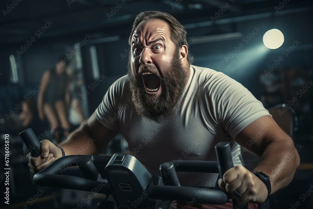 Overweight man cycles diligently in the gym. A testament to determination and a healthy lifestyle. 'generative AI' Overweight man cycles diligently in the gym. A testament to determination and a healthy lifestyle. 'generative AI'