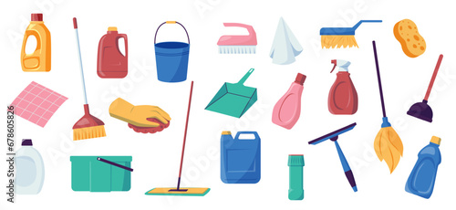 House cleaning tools. Washing and cleaning equipment, rubber gloves, dustpan and brush, soap bottle and bucket. Vector housekeeping chemical set photo