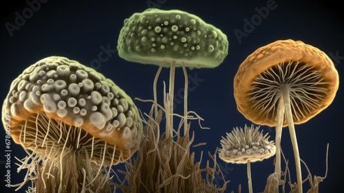 Dermatophyte fungi, computer illustration. Microsporum, Trichophyton, and Epidermophyton fungi, the causative agents of skin, hair and nail fungal diseases. photo