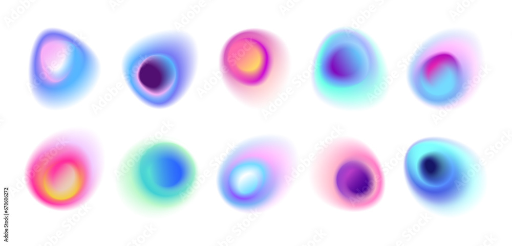 Realistic set of abstract radial gradient blur spots. Multicolor blurred circles, soft rainbow color dots isolated on white background. Glow blue and pink round design elements. Circular blurry stains - obrazy, fototapety, plakaty 