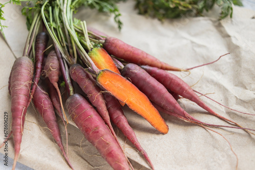 Organic carrot harvest with bright orange hue core and purple peel close-up on grey table