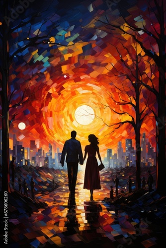The silhouette of a young couple, a woman and a man, who are standing in an embrace in the park 