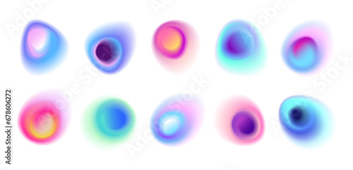 Realistic set of abstract radial gradient blur spots. Multicolor blurred circles, soft rainbow color dots isolated on white background. Glow blue and pink round design elements. Circular blurry stains