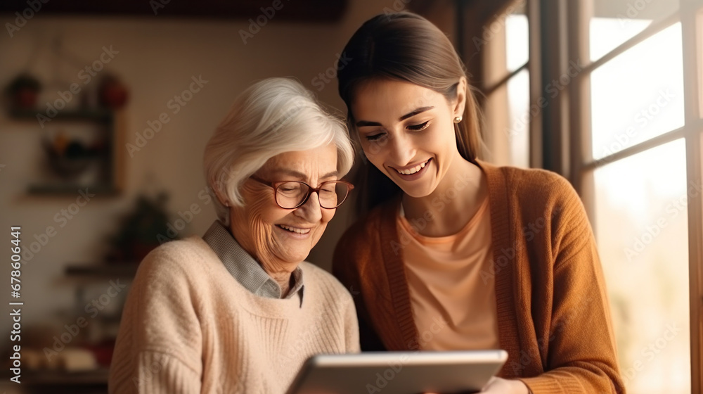 adult daughter teaches her elderly mother how to use the tablet between laughter and learning, sharing some funny moments between them. - obrazy, fototapety, plakaty 