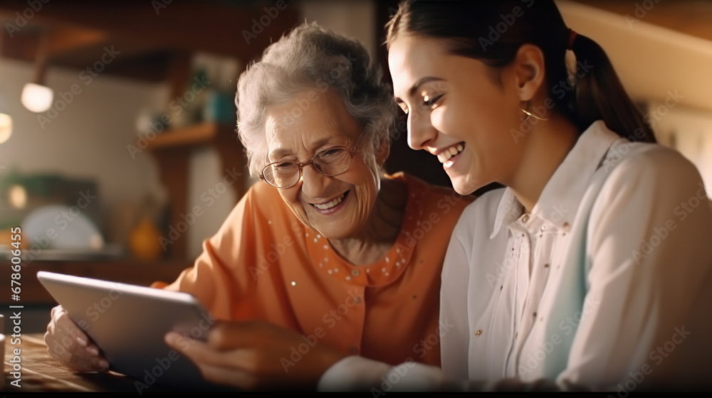 adult daughter teaches her elderly mother how to use the tablet between laughter and learning, sharing some funny moments between them. adult daughter teaches her elderly mother how to use the tablet between laughter and learning, sharing some funny moments between them.