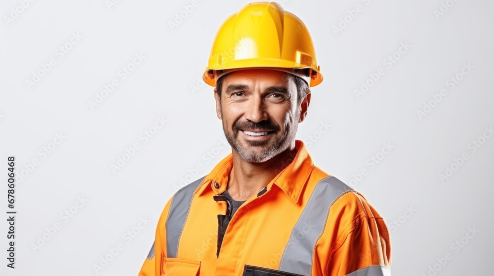 portrait of a smiling male worker foreman in orange overalls and a helmet on a white background with space for text portrait of a smiling male worker foreman in orange overalls and a helmet on a white background with space for text
