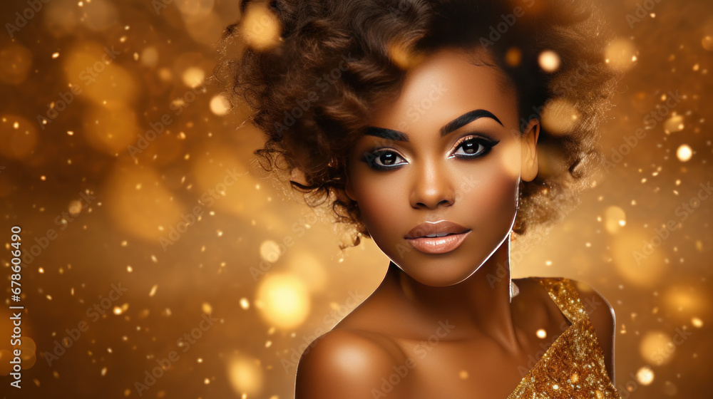 African American woman luxury in gold on golden sparkling background ...