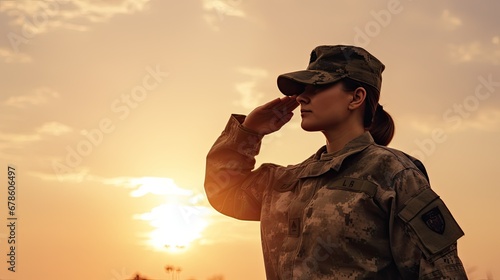 Female Army Solider Saluting against sunset sky.