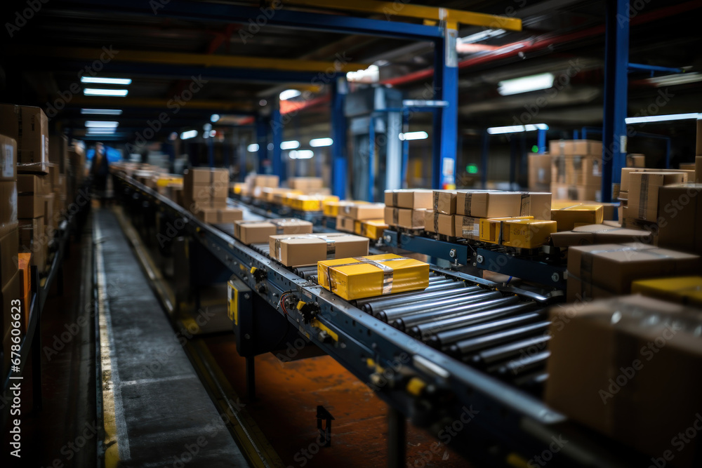 roller modern conveyor belt with cardboard boxes in a large commodity warehouse roller modern conveyor belt with cardboard boxes in a large commodity warehouse