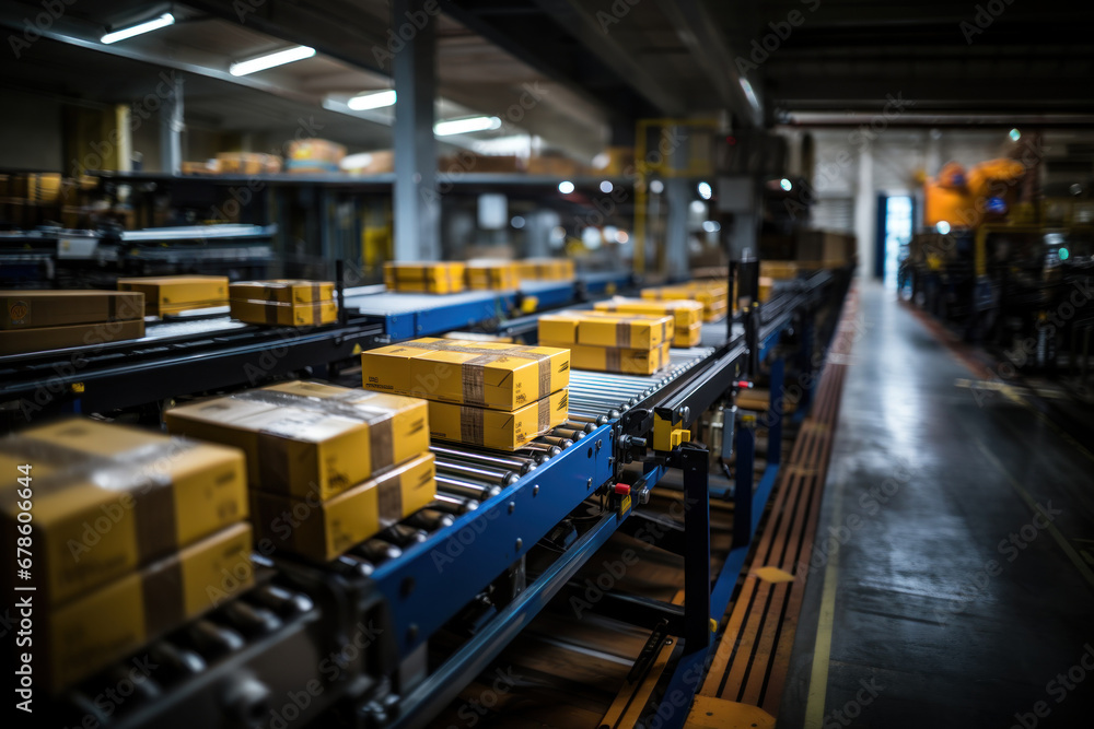 roller modern conveyor belt with cardboard boxes and parcels in a large warehouse.​