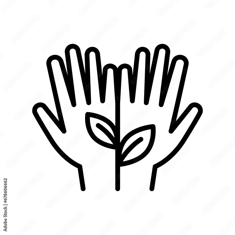 Obraz premium Hands holding plant outline icon. Vector sign of environment protection, ecology concept logo. Agriculture illustration.