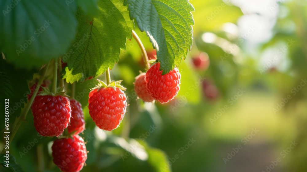 Close-up raspberry plant with ripe red raspberries in orchard. Close-up raspberry plant with ripe red raspberries in orchard.